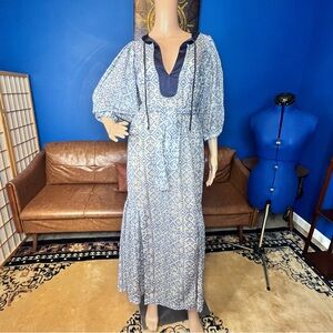 Ampersand Heart & New York Maxi Dress White Blue Embroidered XS/PP Semi-Sheer